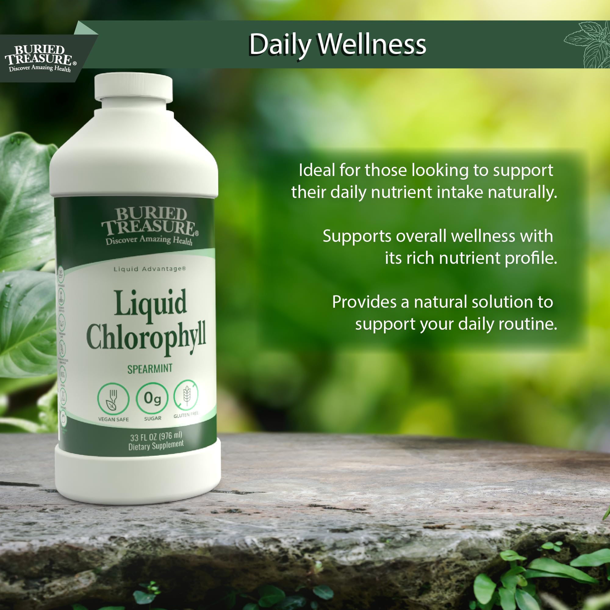 Spearmint flavored Buried Treasure Liquid Chlorophyll 100 mg bottle