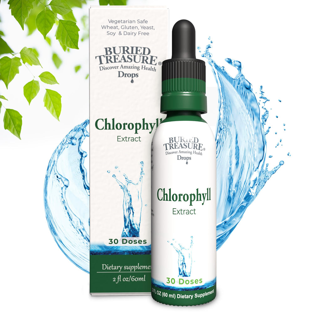 Bottle of Buried Treasure Liquid Chlorophyll Drops with copper chlorophyllin from mulberry leaves