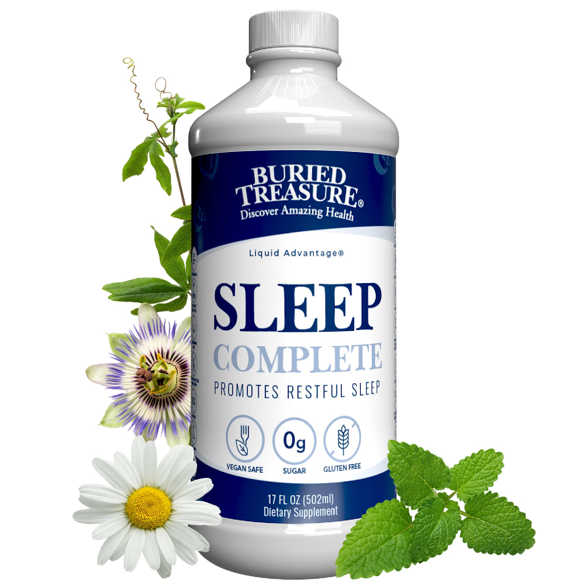 Buried Treasure Sleep Complete bottle front promotes a calming bedtime ritual with herbal sleep support.