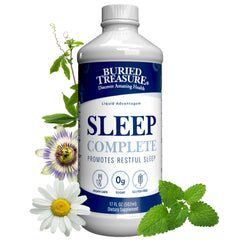 Buried Treasure Sleep Complete bottle front promotes a calming bedtime ritual with herbal sleep support.