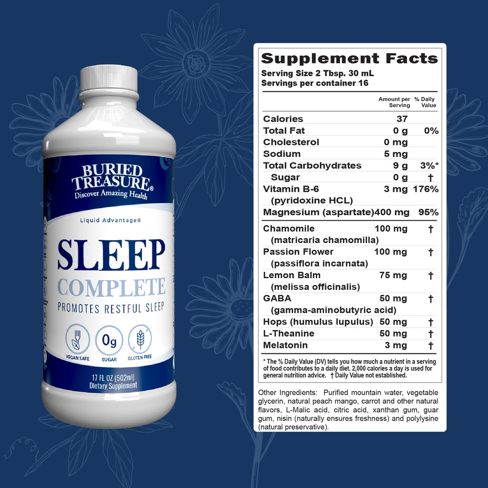 Buried Treasure Sleep Complete spoon-dispensed pour demonstrates a 2 Tbsp serving for nightly routine.