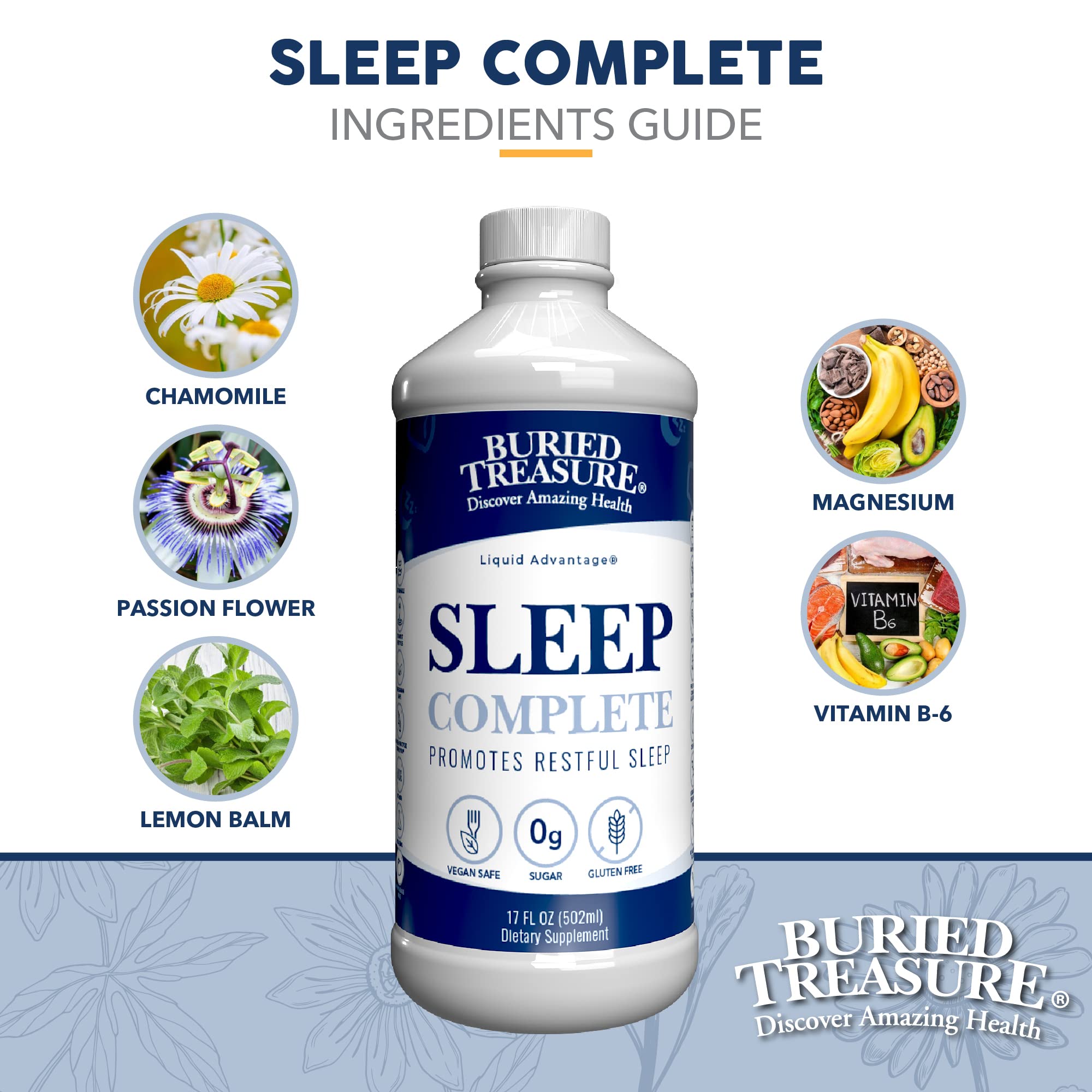 Buried Treasure Sleep Complete close-up lists magnesium and vitamin B-6 for relaxed evenings.