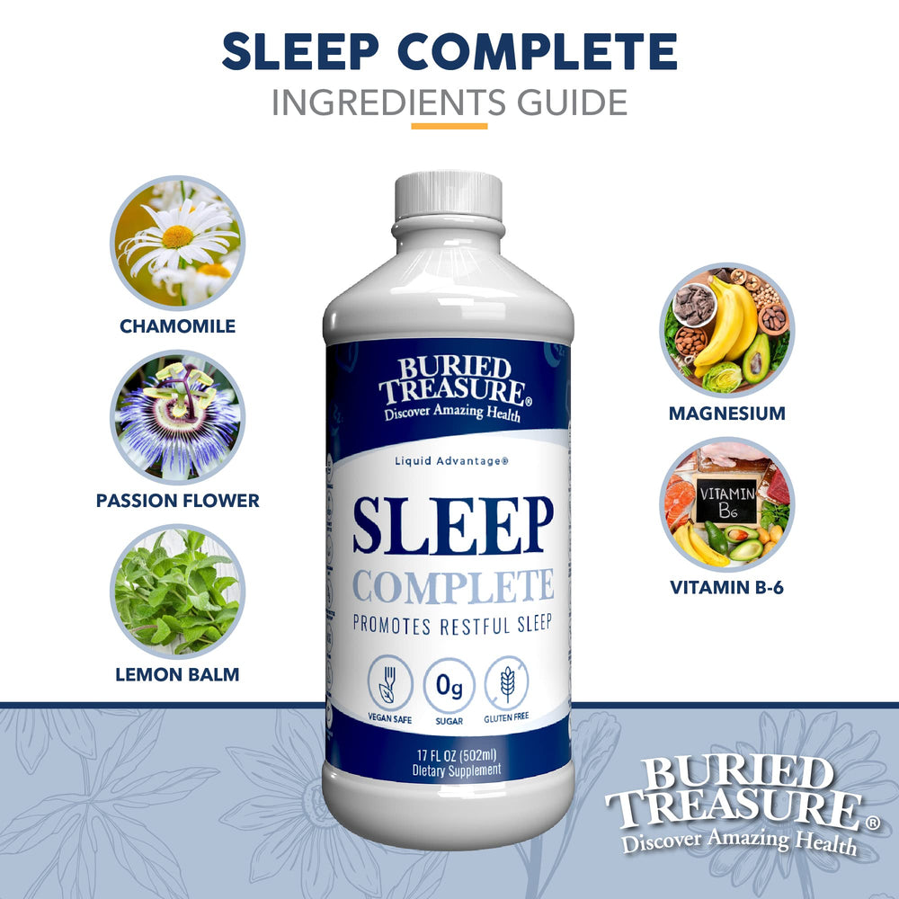 Buried Treasure Sleep Complete close-up lists magnesium and vitamin B-6 for relaxed evenings.