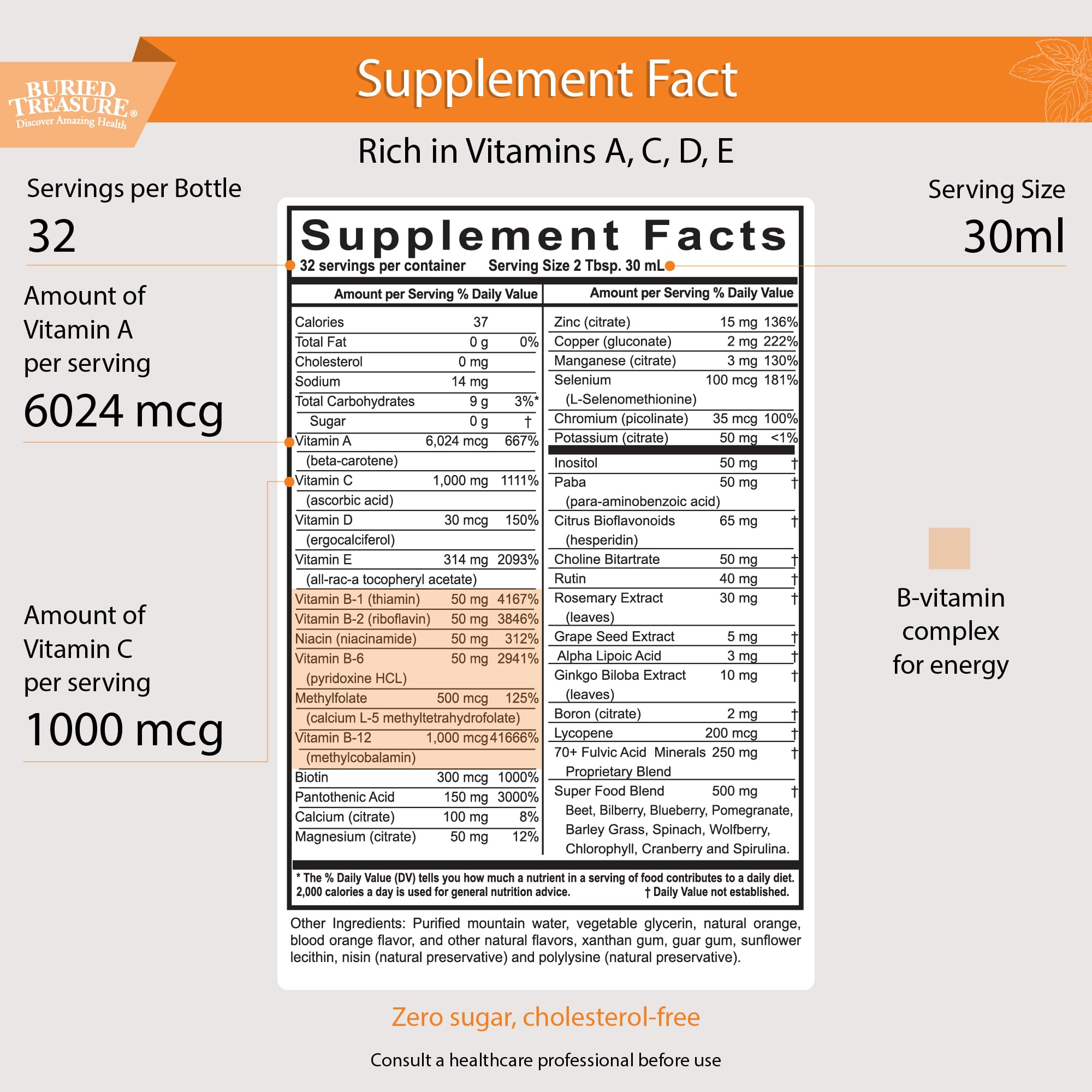 Close-up of VM100 liquid vitamins and minerals label