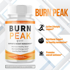 Ingredients and bottle of Burn Peak Capsules on white background