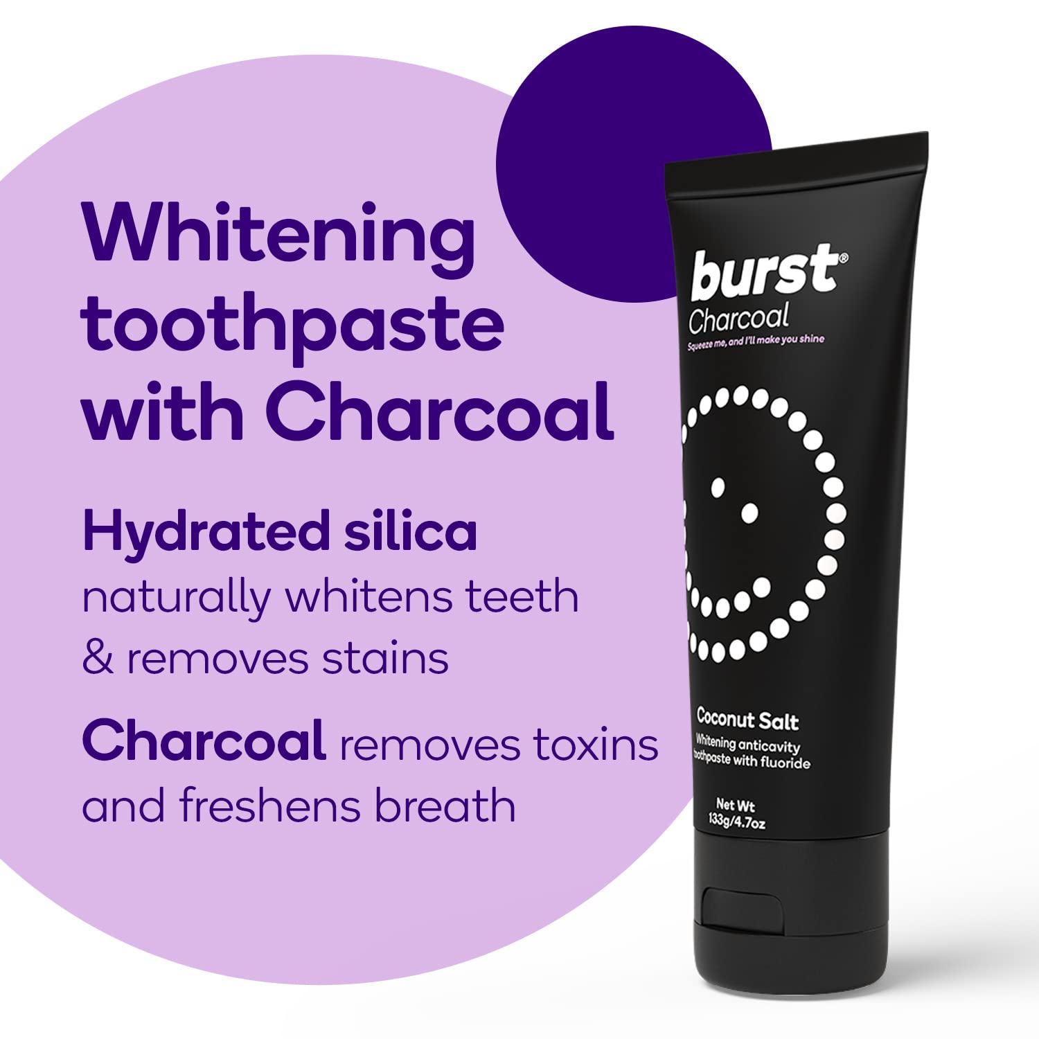 Close-up of BURST toothpaste label showing fluoride and xylitol