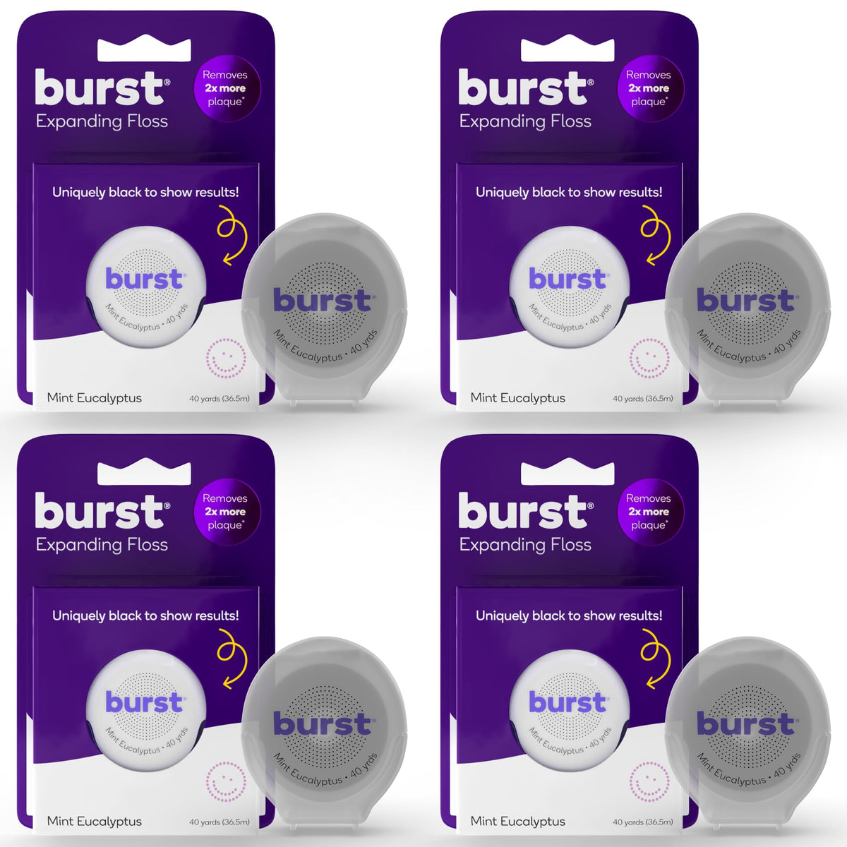 BURST Expanding Dental Floss Mint Eucalyptus packaging and 160 yards