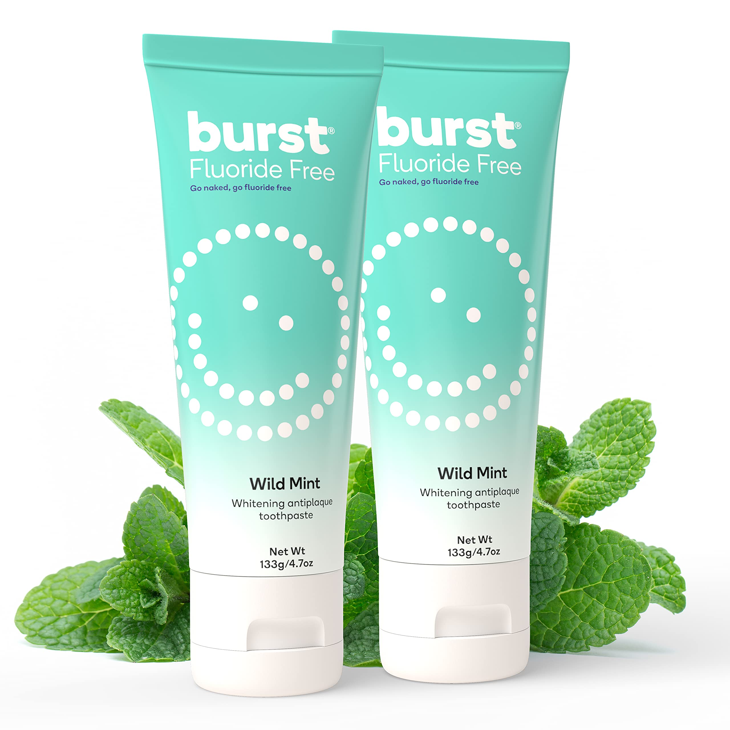 Two BURST Fluoride Free Whitening Toothpaste Wild Mint 4.7oz tubes in a 2-pack