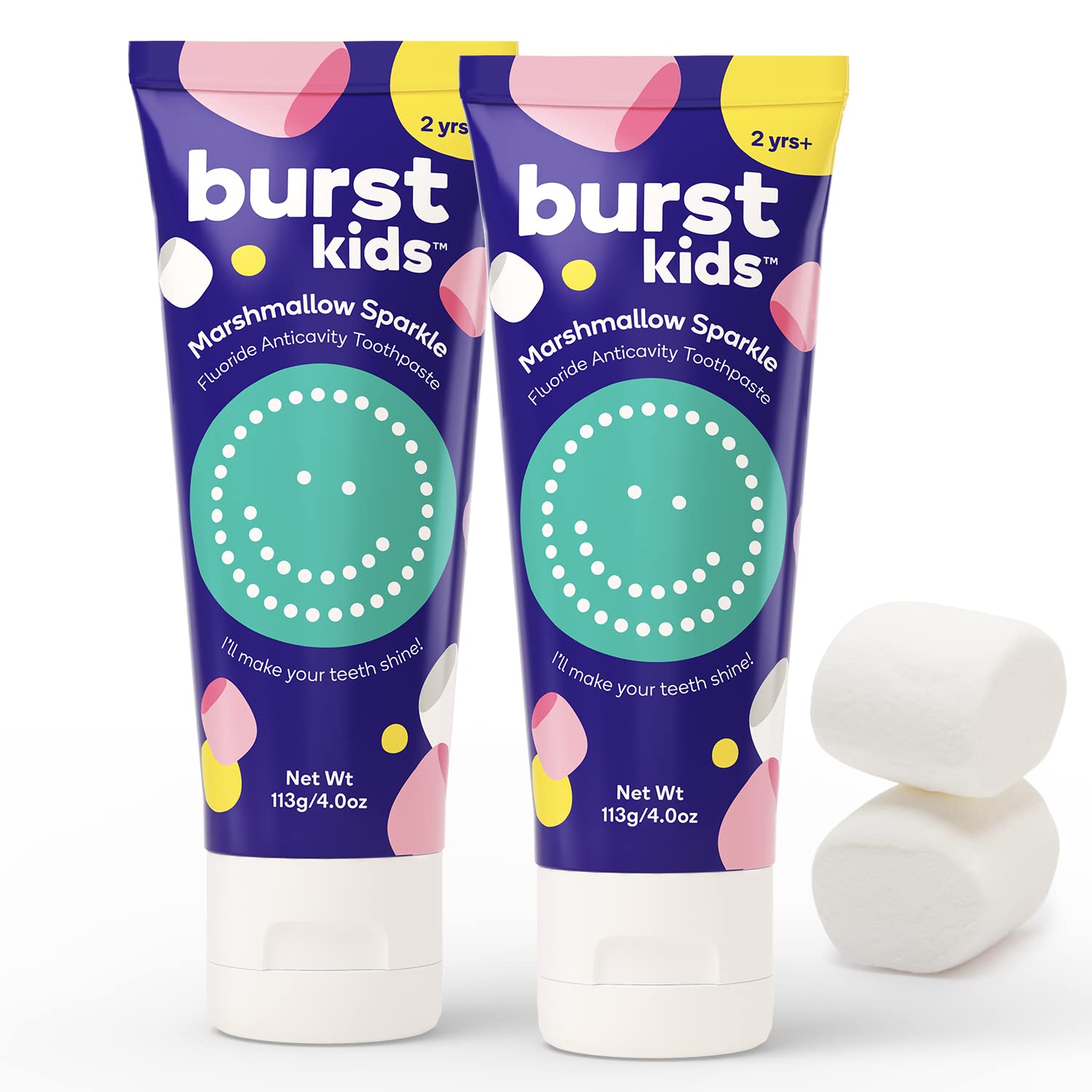 BURST Marshmallow Sparkle Kids Toothpaste bottle and box front view
