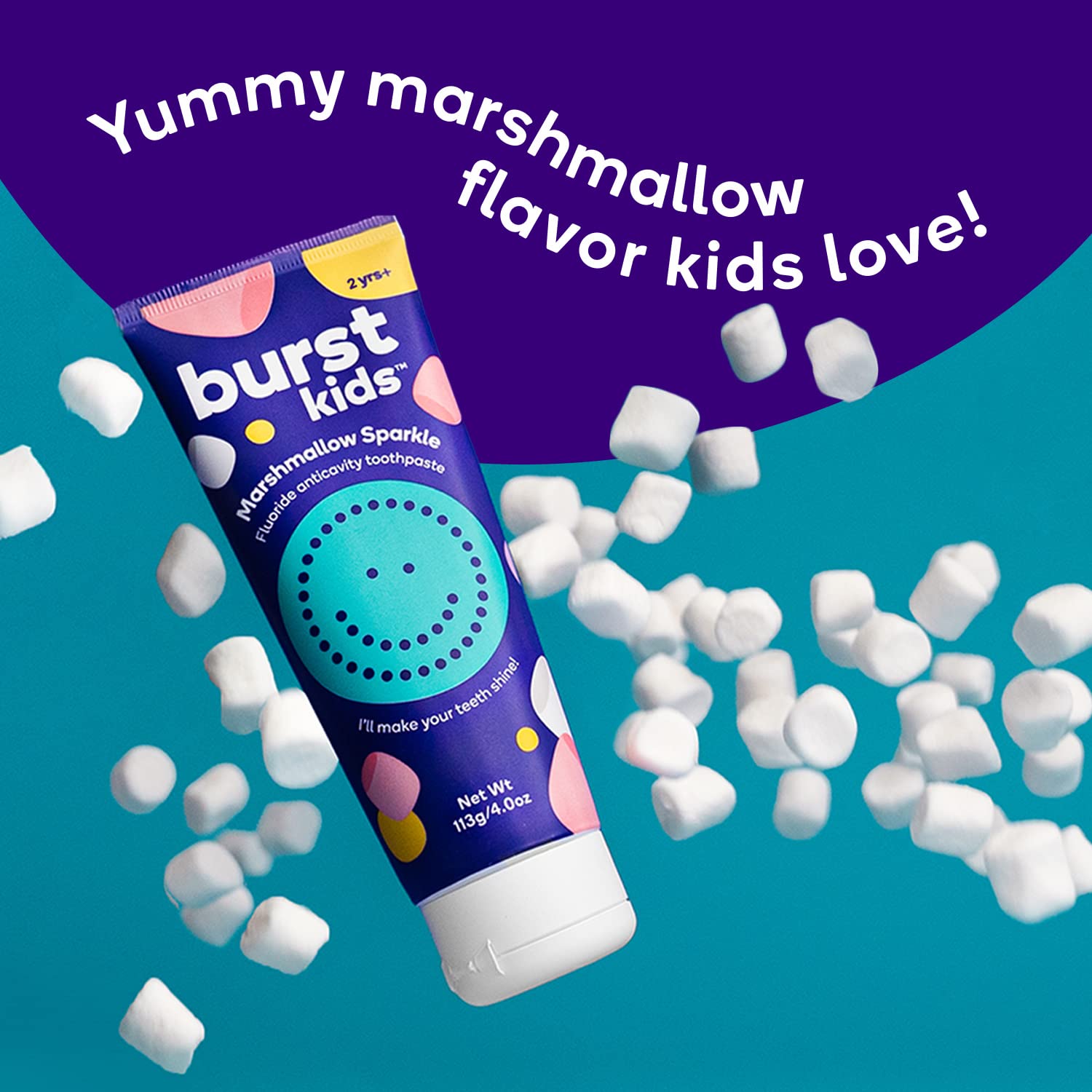 Close-up of BURST Marshmallow Sparkle toothpaste tube with fluoride for kids