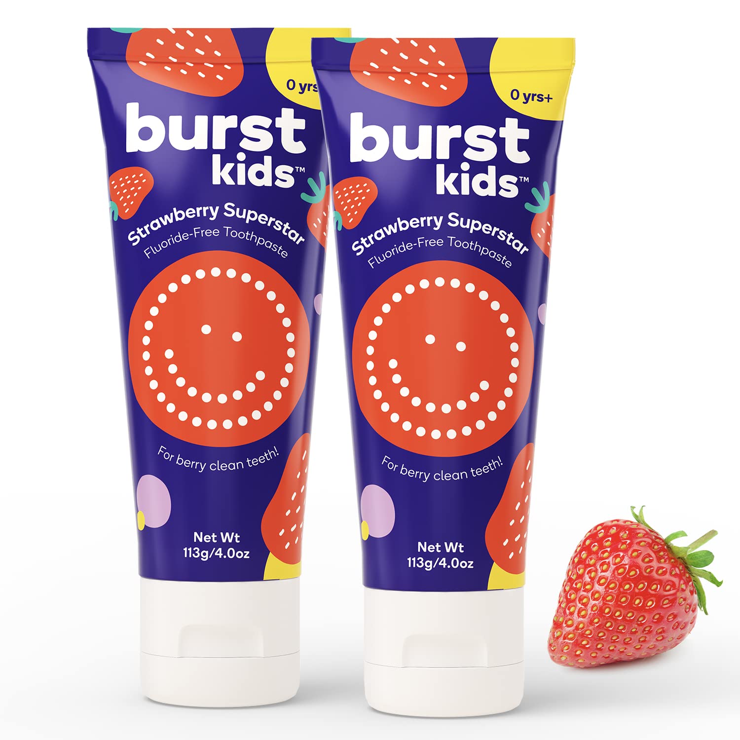 Two 4oz BURST Fluoride Free Strawberry Kids Toothpaste tubes (2 pack)