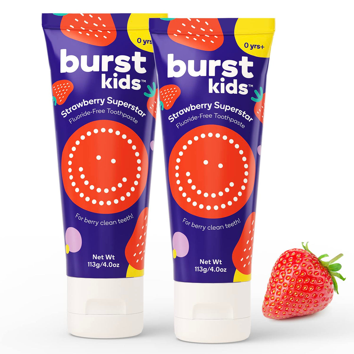 Two 4oz BURST Fluoride Free Strawberry Kids Toothpaste tubes (2 pack)