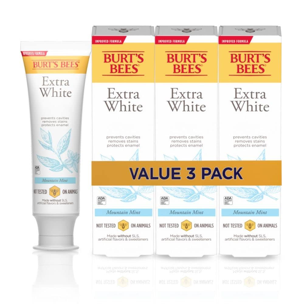 Front view of Burt's Bees Extra White Toothpaste Mountain Mint, pack of 3