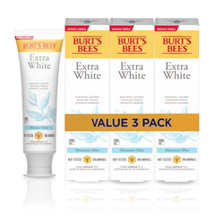 Front view of Burt's Bees Extra White Toothpaste Mountain Mint, pack of 3