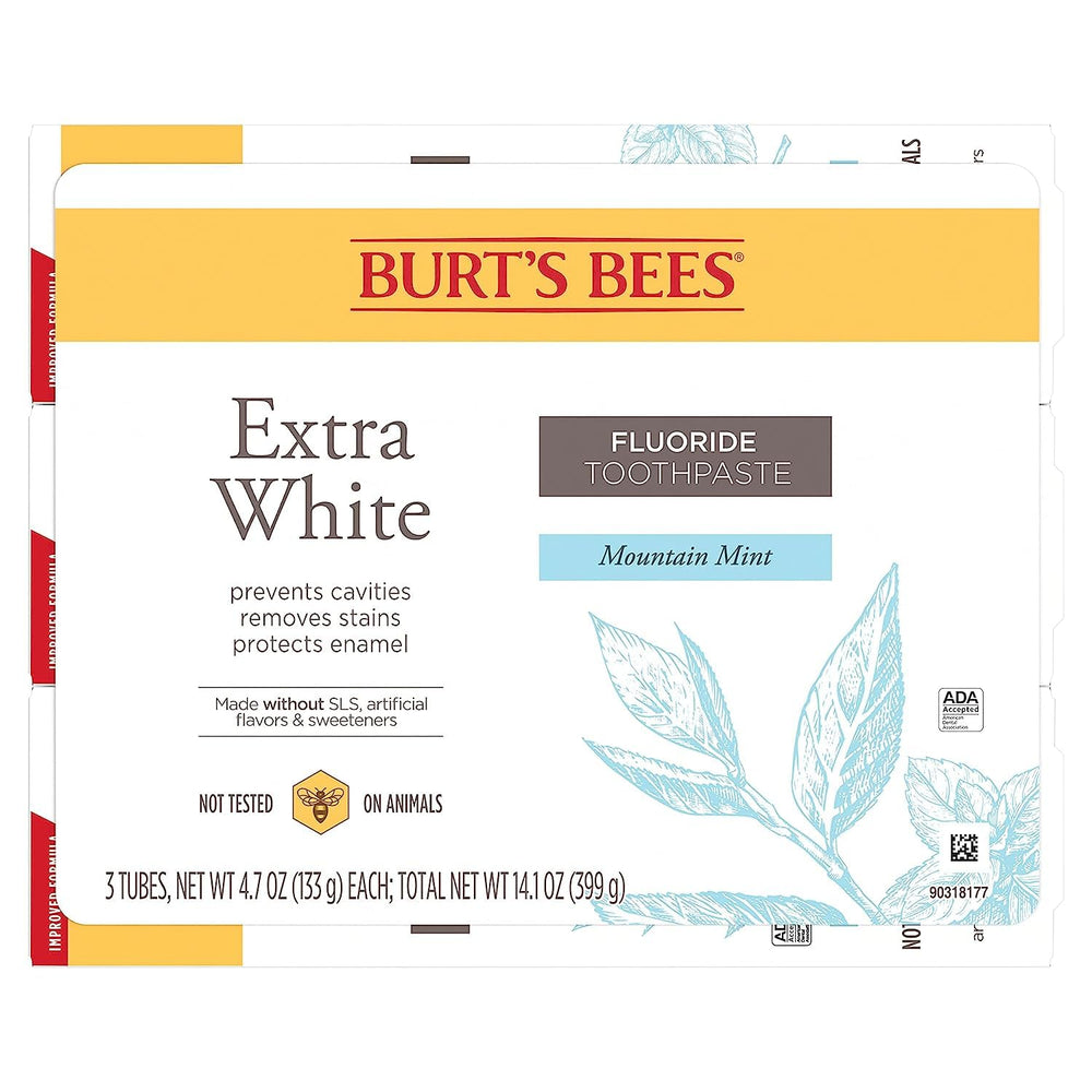 Display of Burt's Bees Extra White toothpaste pack of 3 tubes