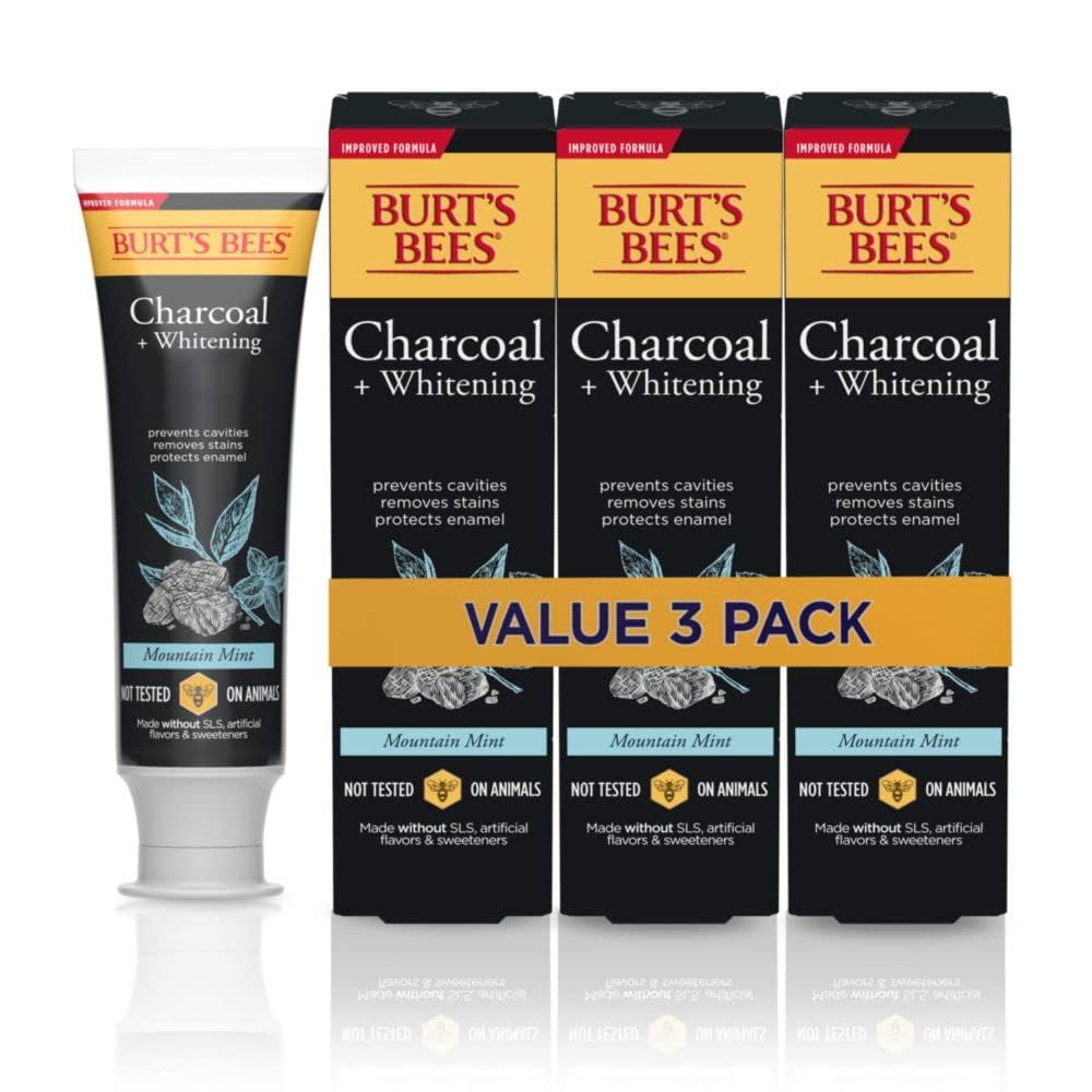 Burt's Bees Charcoal Toothpaste Mountain Mint packaging with three 4.7 oz tubes