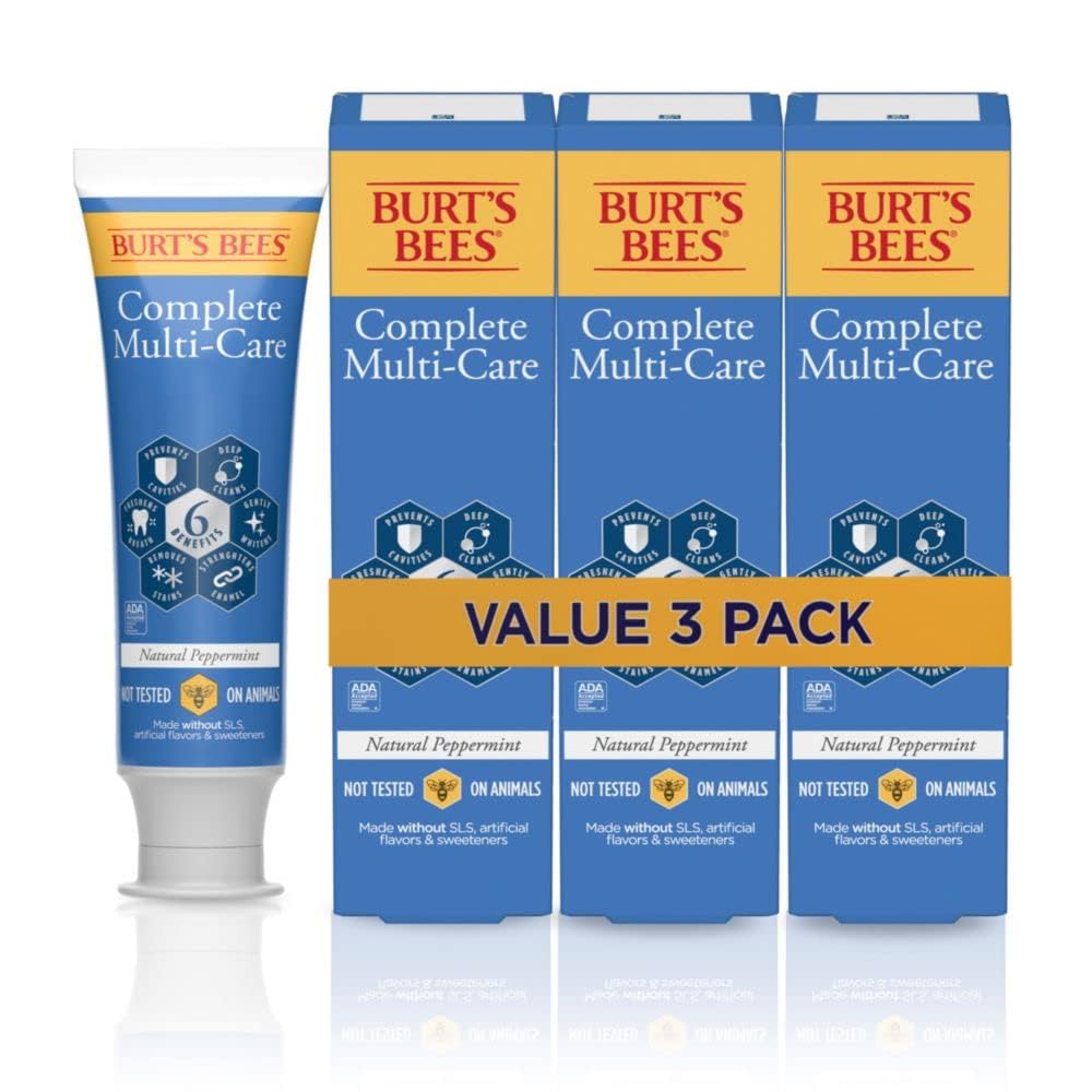 Burt's Bees Complete Multi-Care toothpaste 3-pack box and tubes