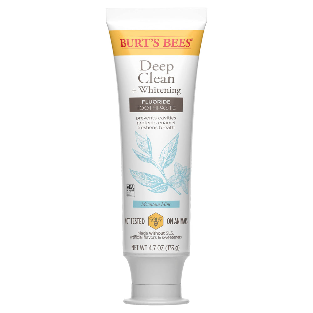 Group shot showing Burt's Bees Deep Clean + Whitening toothpaste packs