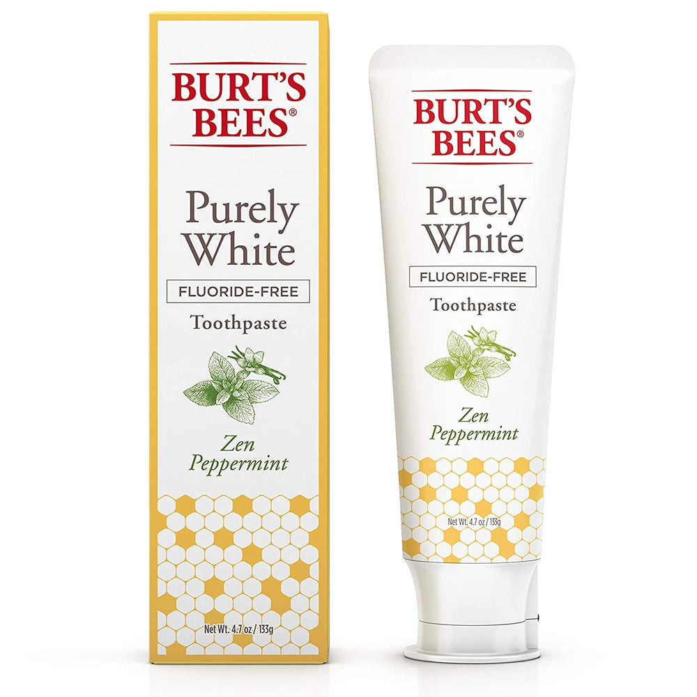 Close-up of Burt's Bees Purely White Zen Peppermint toothpaste label