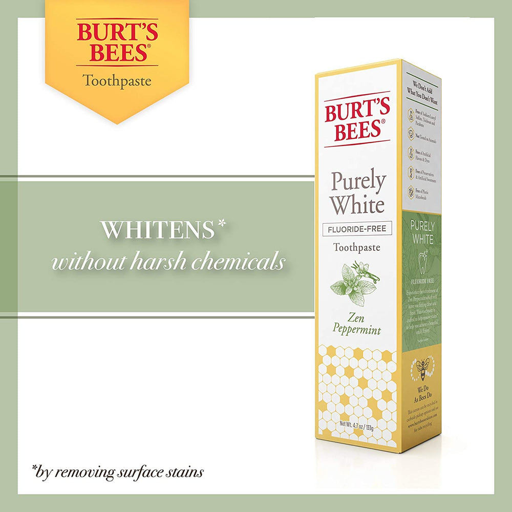 Two Burt's Bees Purely White Zen Peppermint toothpaste tubes 4.7 oz each