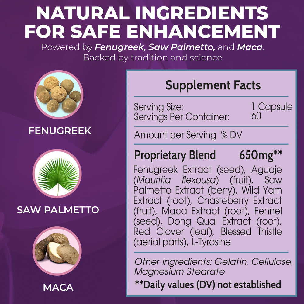 Saw Palmetto berries beside Busty Boost packaging