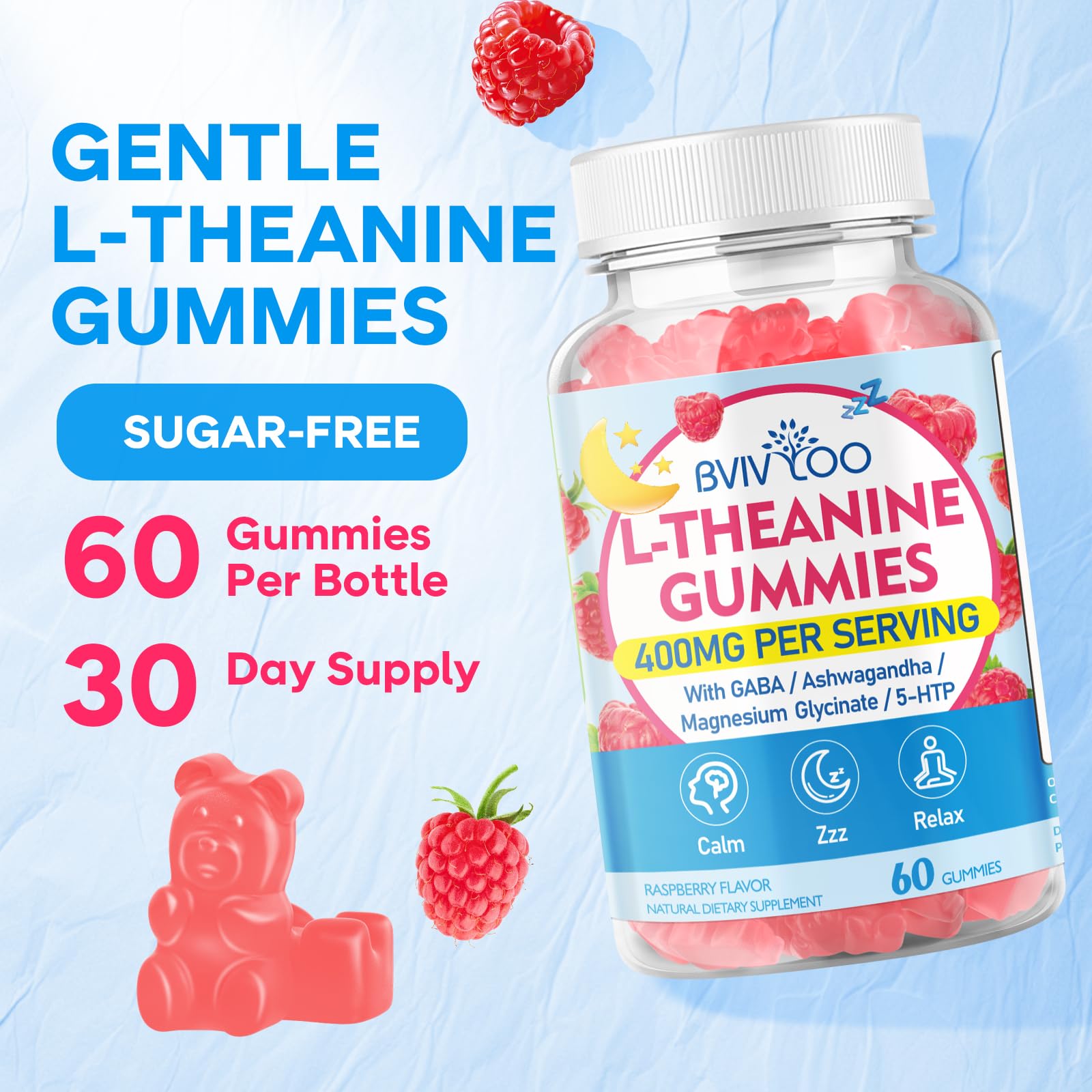 Icons highlighting Ashwagandha, GABA, and 5-HTP ingredients