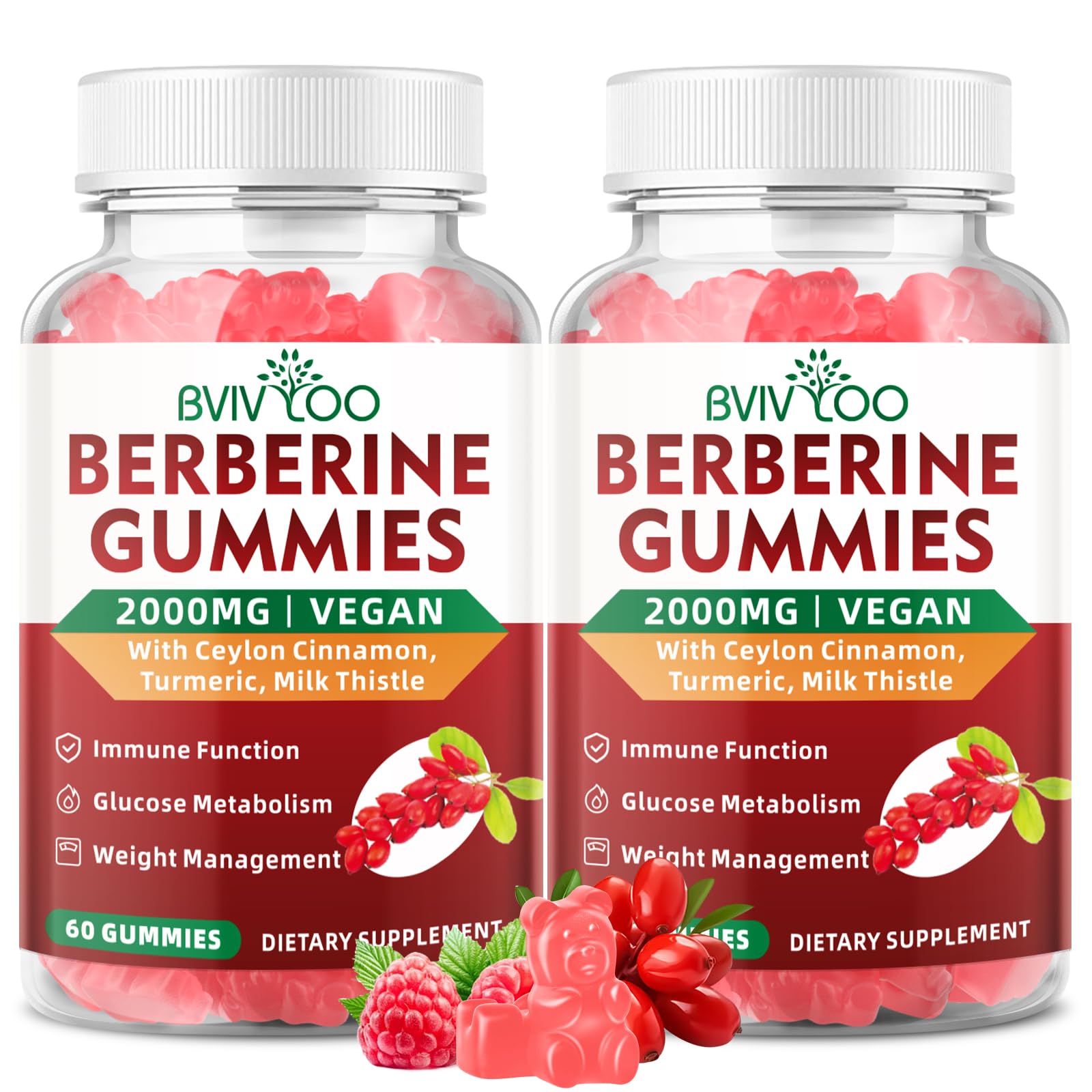 Front view of BVIVLOO Berberine Gummies 2-pack bottle