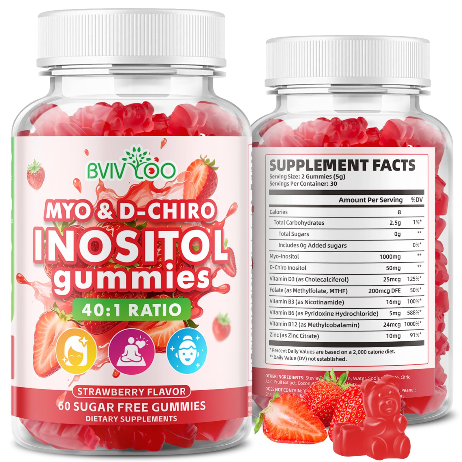 BVIVLOO front packaging showing strawberry gummies and supplement benefits