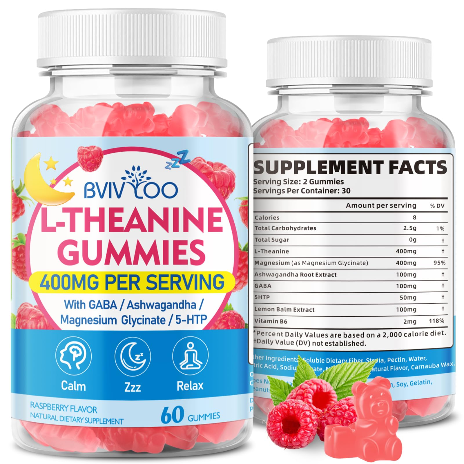 BVIVLOO L-Theanine Gummies Raspberry flavor bottle – 60-count