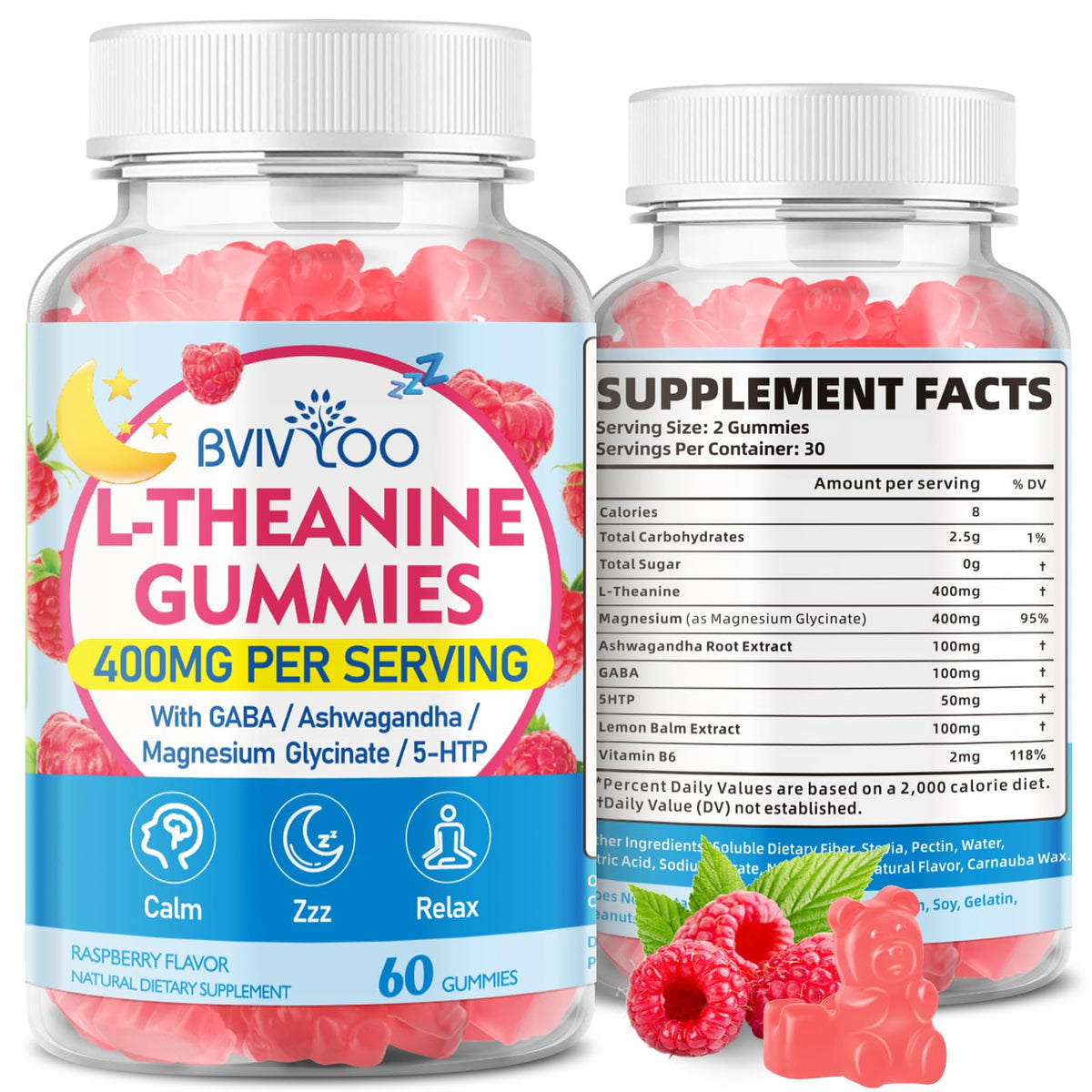 BVIVLOO L-Theanine Gummies Raspberry flavor bottle – 60-count
