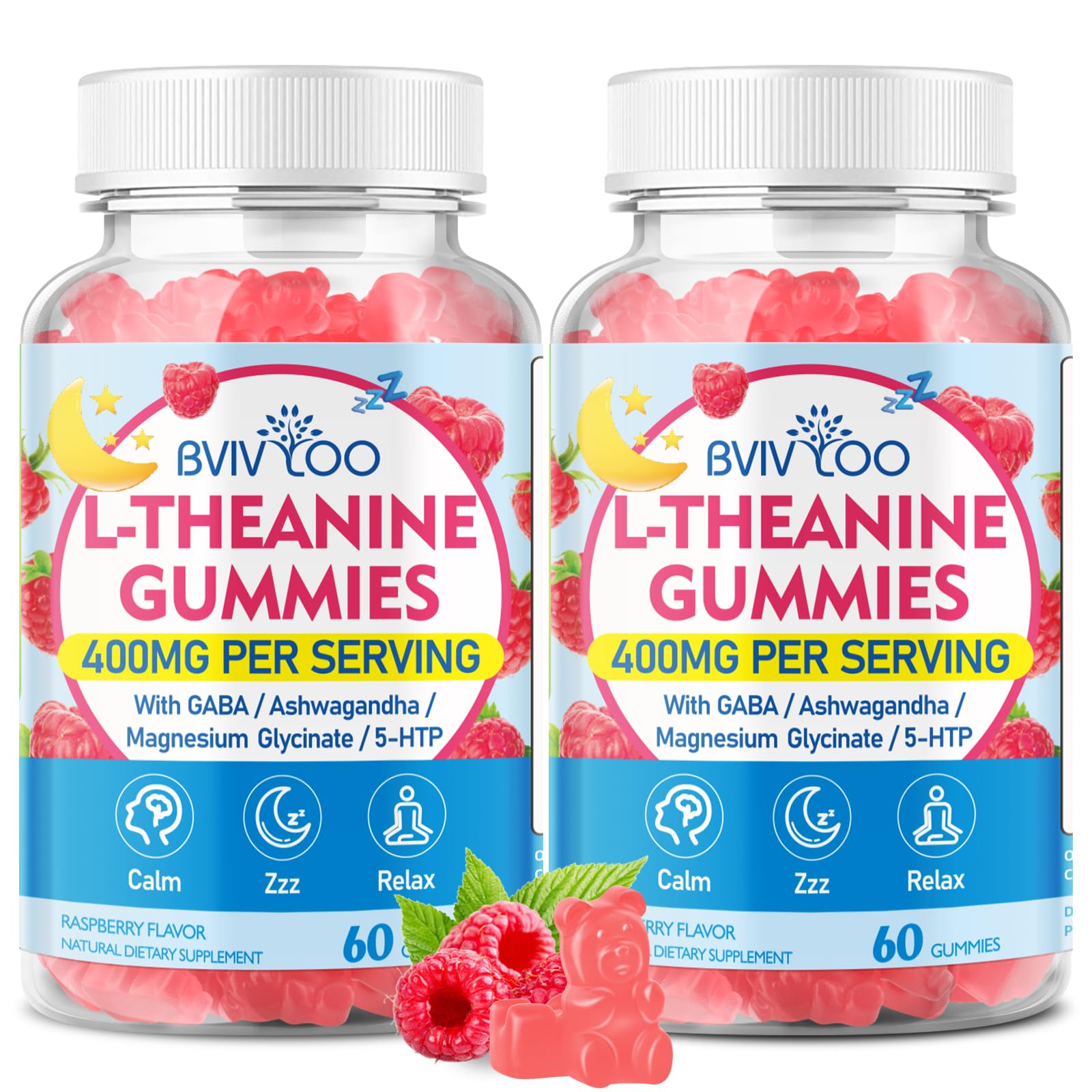 BVIVLOO L-Theanine Gummies Raspberry front label - 120 count
