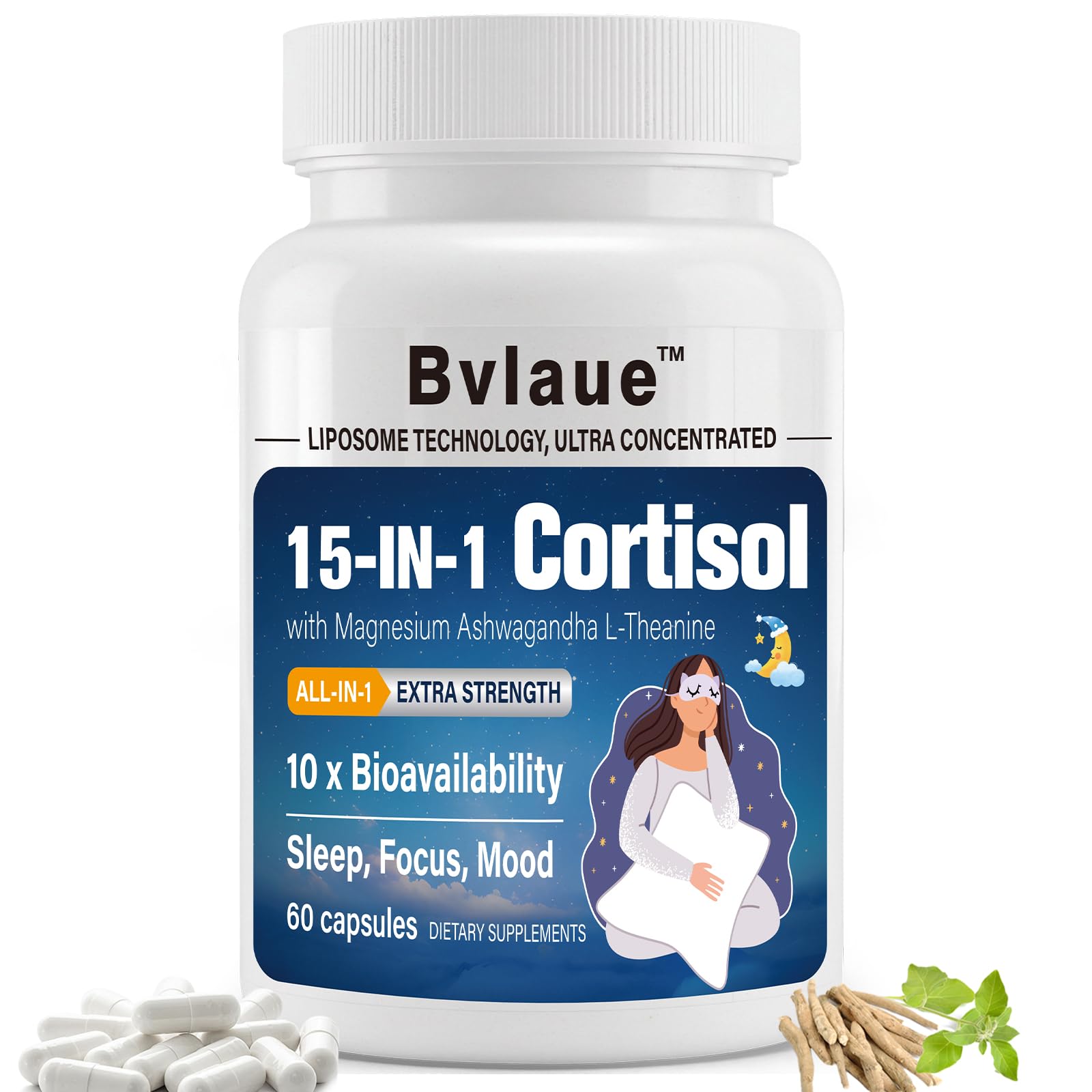 Bottle of Bvlaue cortisol reducer with 60 vegan capsules