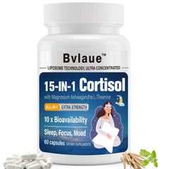 Bottle of Bvlaue cortisol reducer with 60 vegan capsules