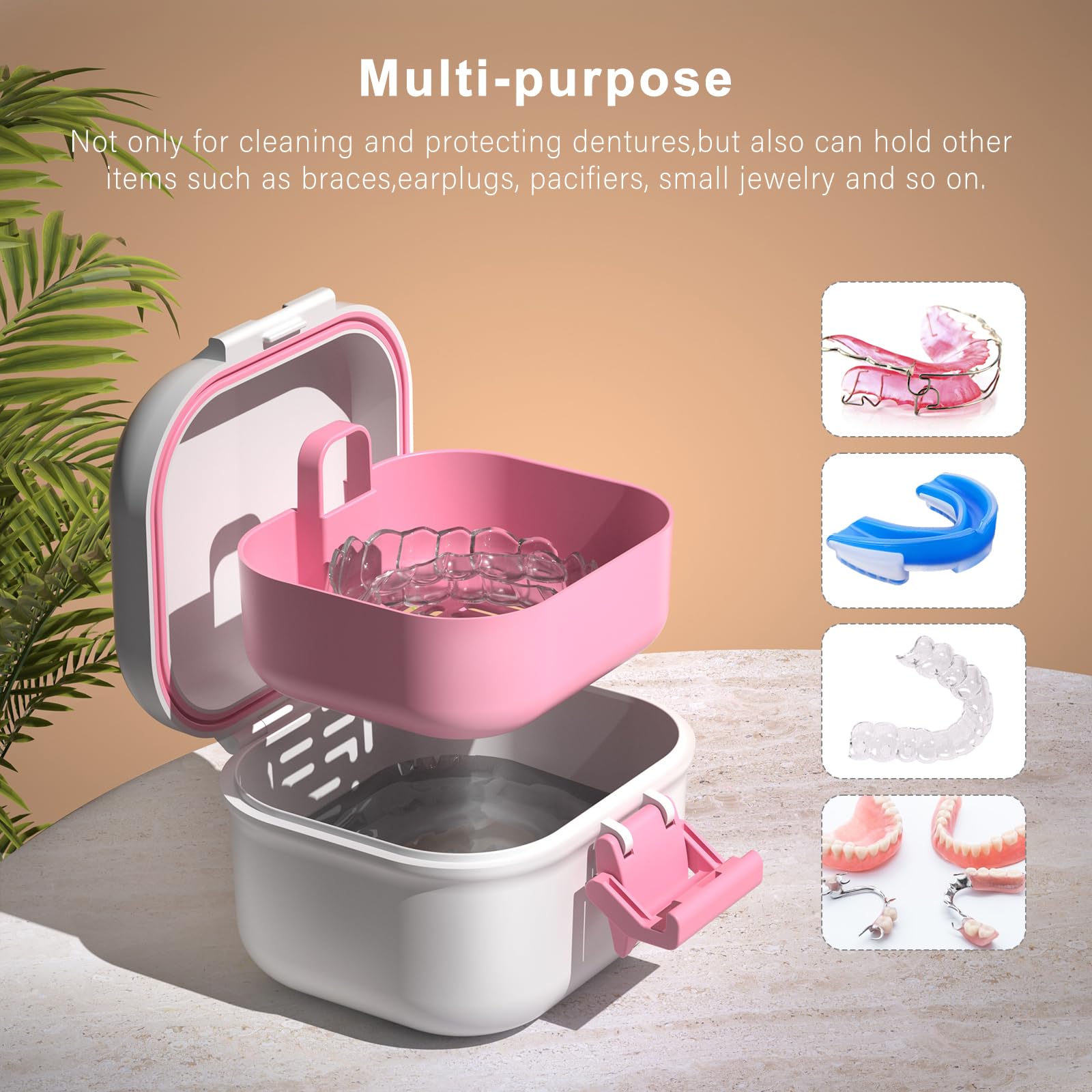 Open pink and white denture case showing lid and interior