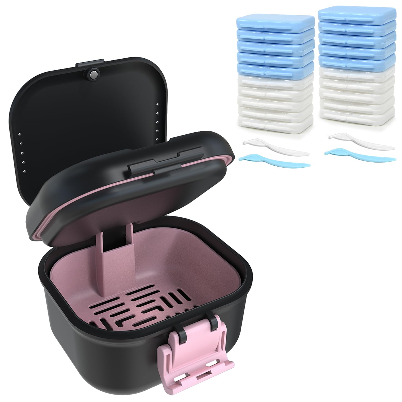 BVN leakproof denture cup with magnetic organizer in black and pink (hero image)