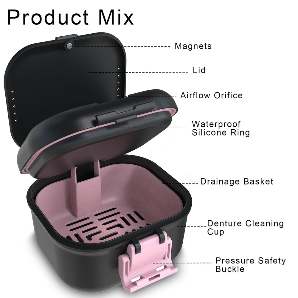 BVN denture cup travel case in black and pink