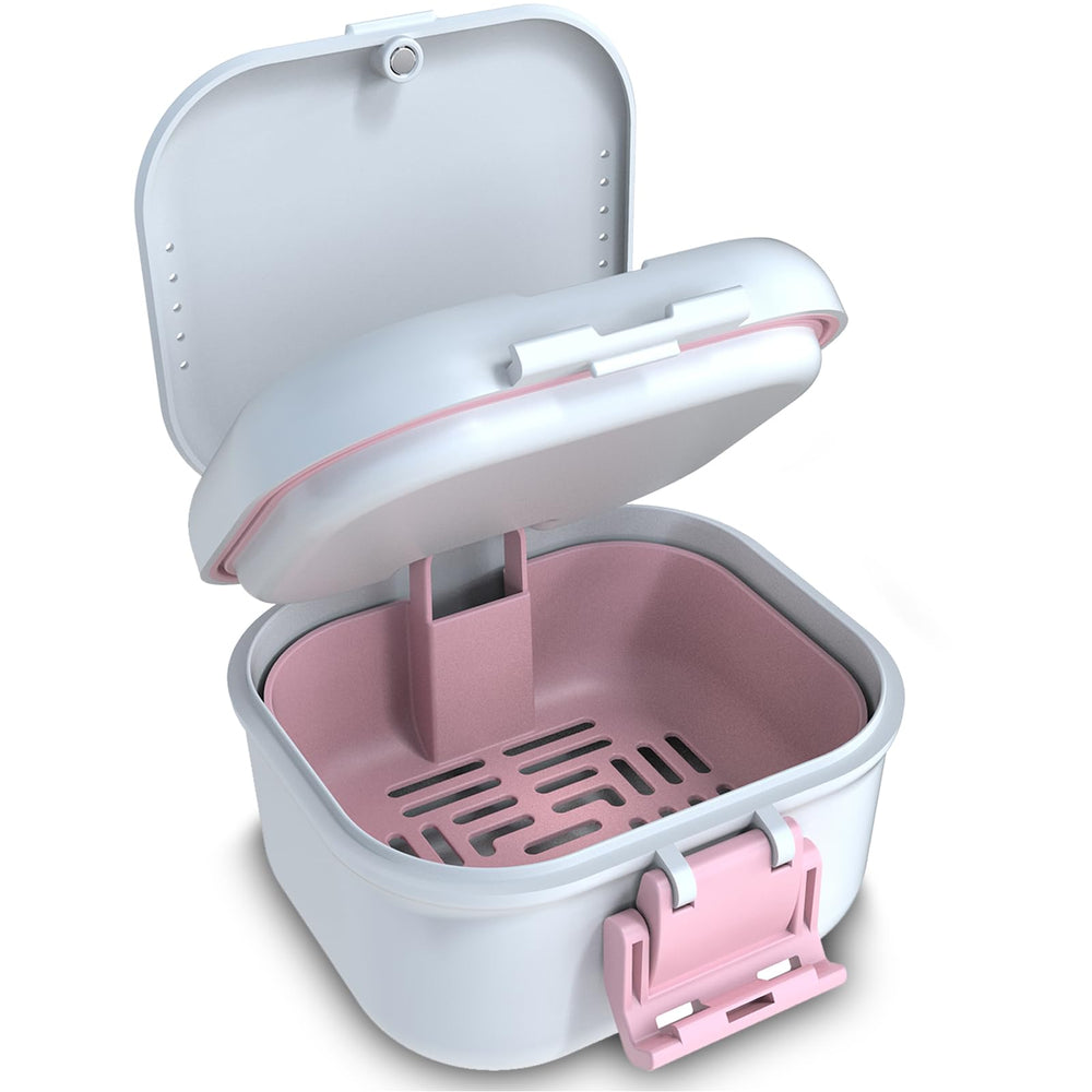 BVN leakproof denture cup in white and pink with open lid