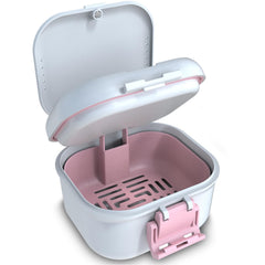 BVN leakproof denture cup in white and pink with open lid