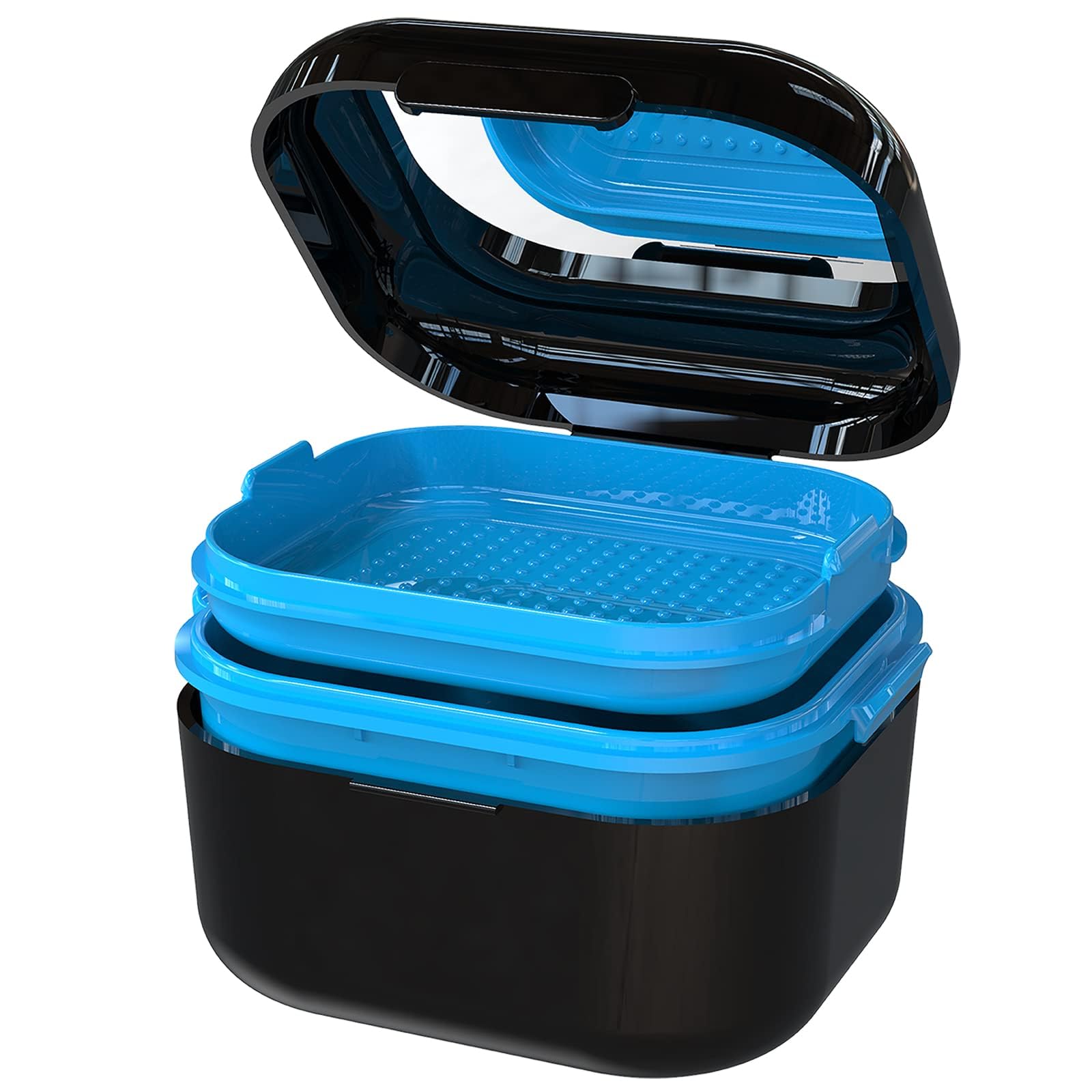 BVN Denture Bath Case black with lid open, showing mirror inside