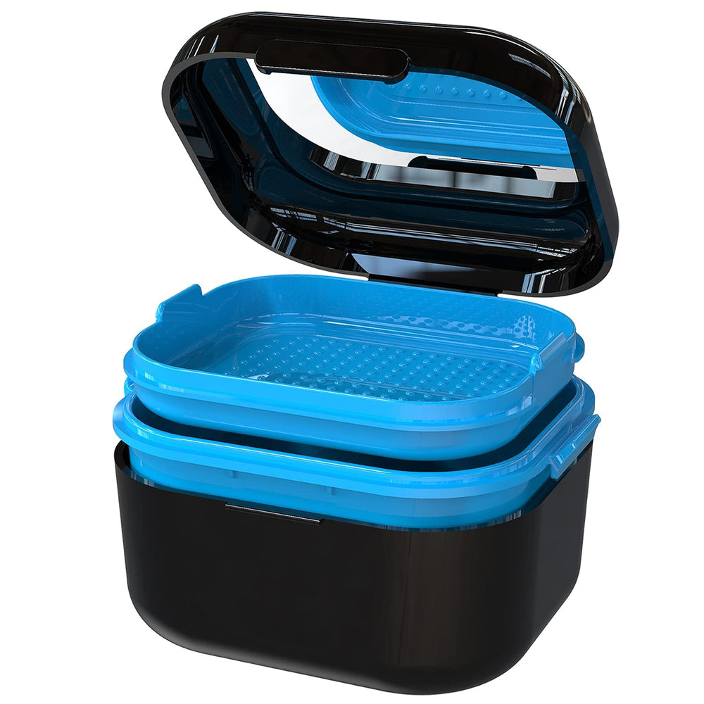 BVN Denture Bath Case black with lid open, showing mirror inside