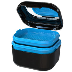 BVN Denture Bath Case black with lid open, showing mirror inside