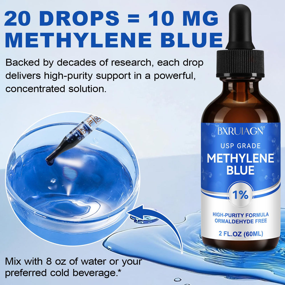 BXRUIAGN methylene blue label closeup showing USP Grade quality.