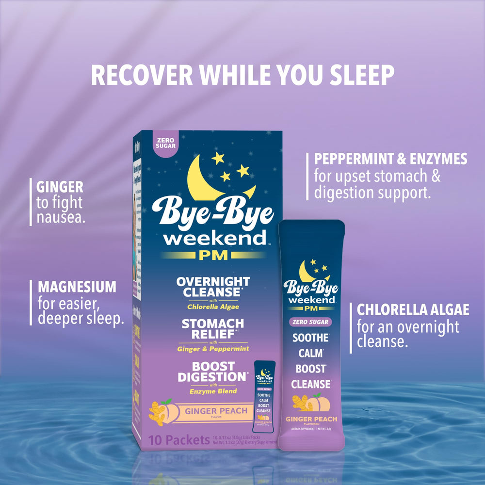Bye-Bye Weekend PM glass with dissolved powder illustrating digestive support.
