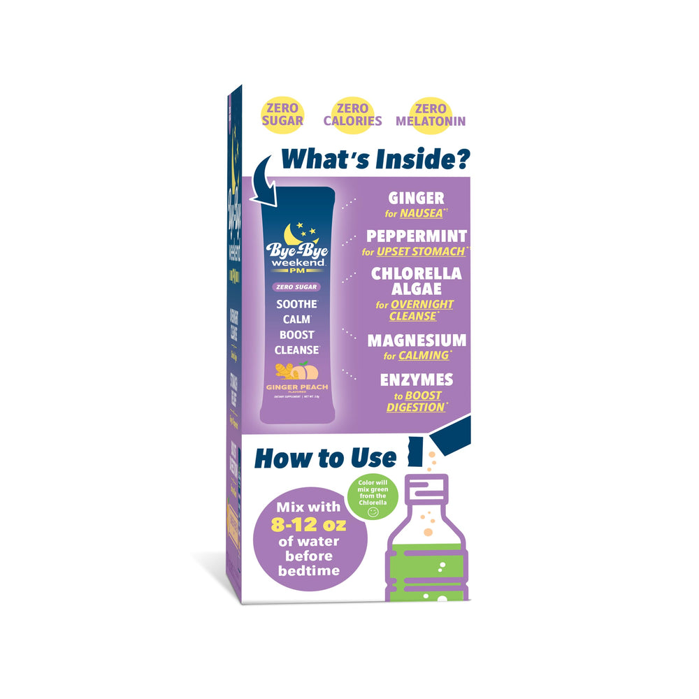 Bye-Bye Weekend PM zero-sugar label on front of pack for clean nutrition.