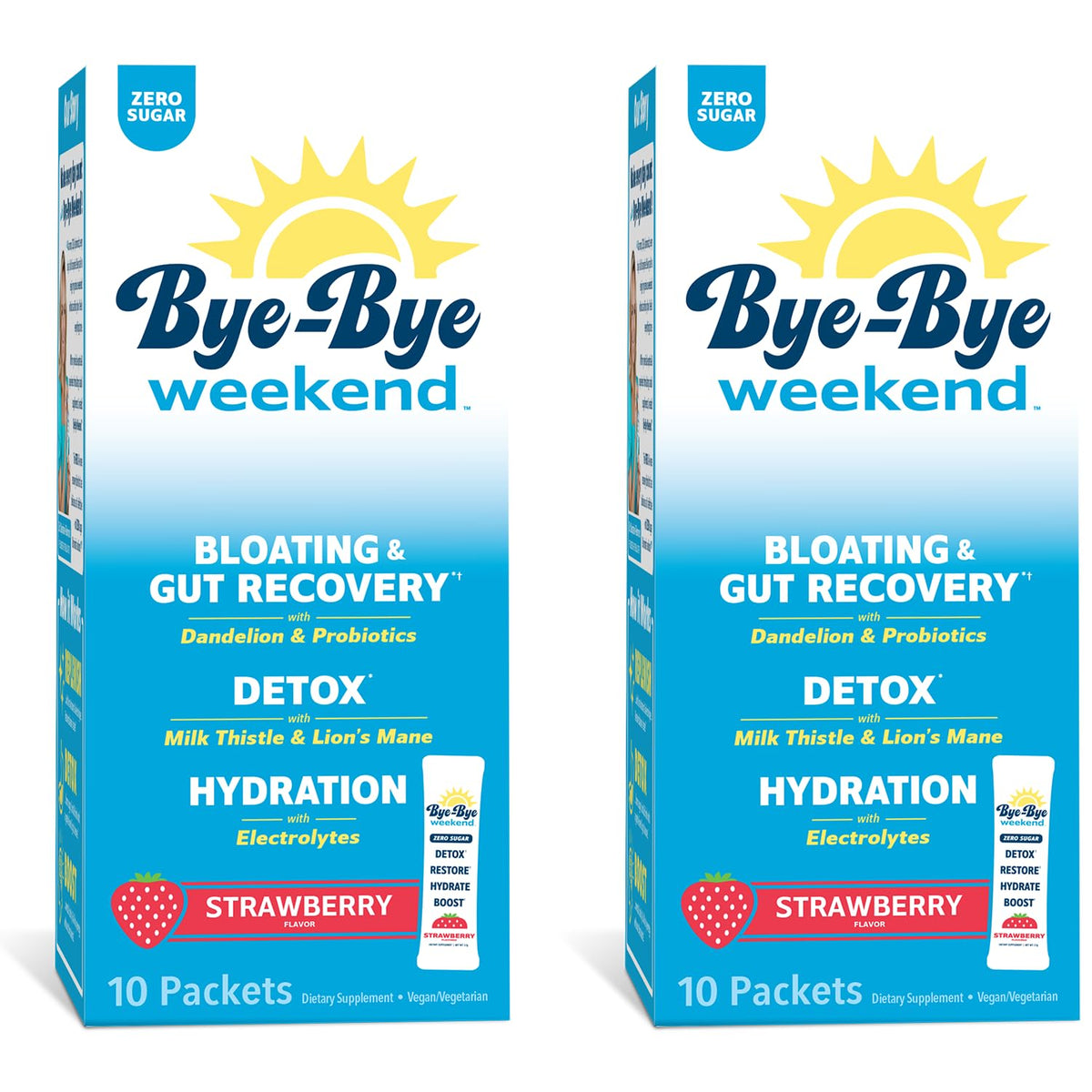 Bye-Bye Weekend detox drink mix strawberry 20-pack supports hydration and post-party recovery.