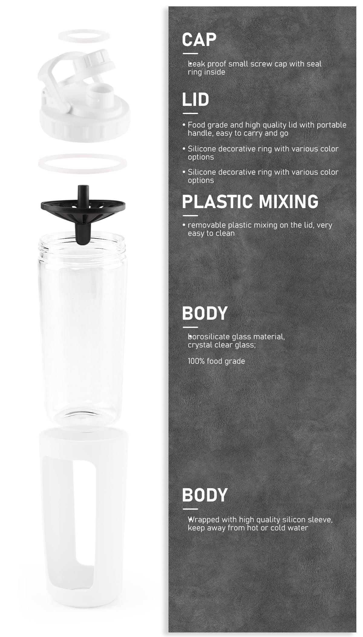 BYLWORKOUT borosilicate glass body resists odors and stains for fresh taste
