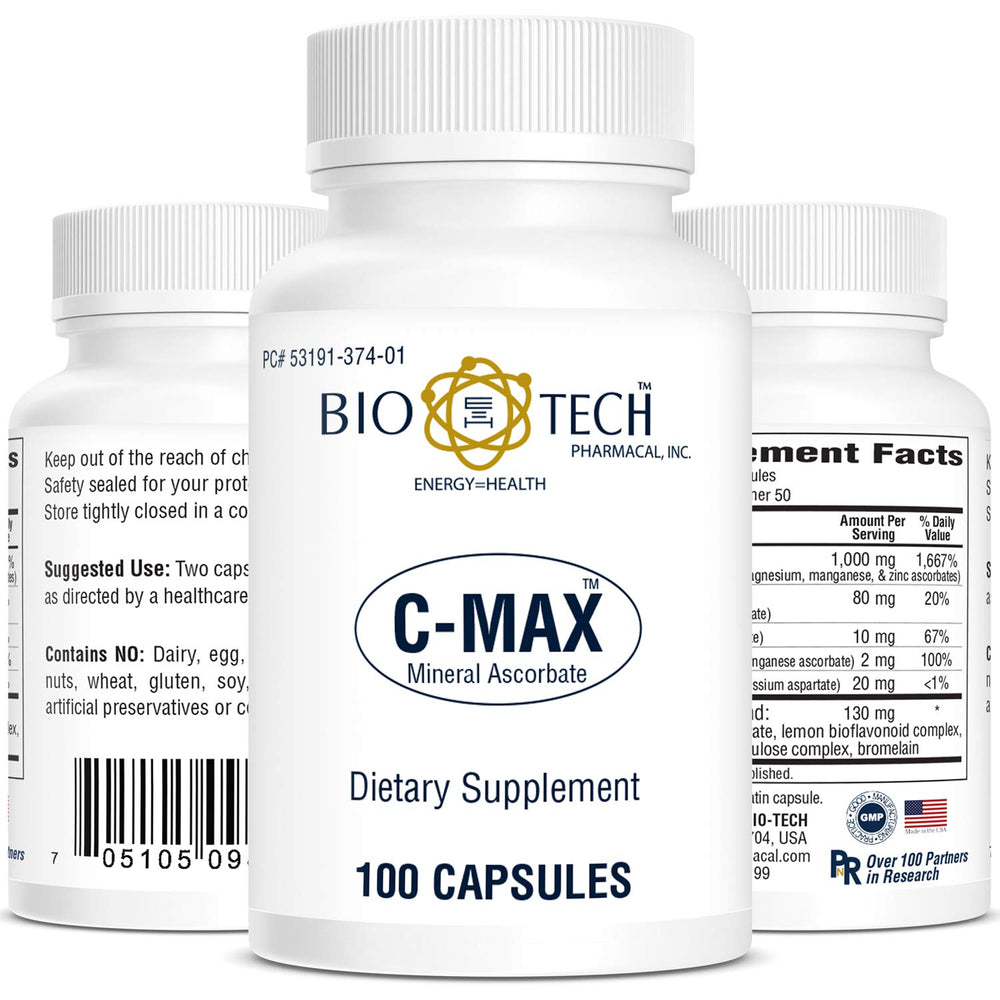 C-Max Vitamin C bottle with label highlighting buffered vitamin C and citrus bioflavonoids