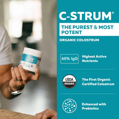 C-Strum colostrum powder packaging and label