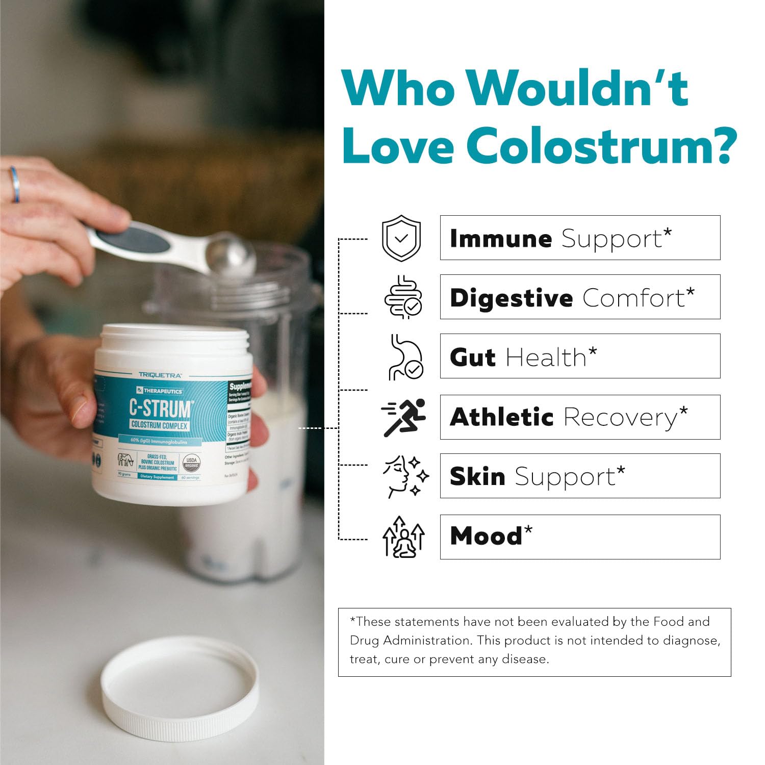 Quality standards indicating hormone-free, antibiotic-free, gluten-free colostrum