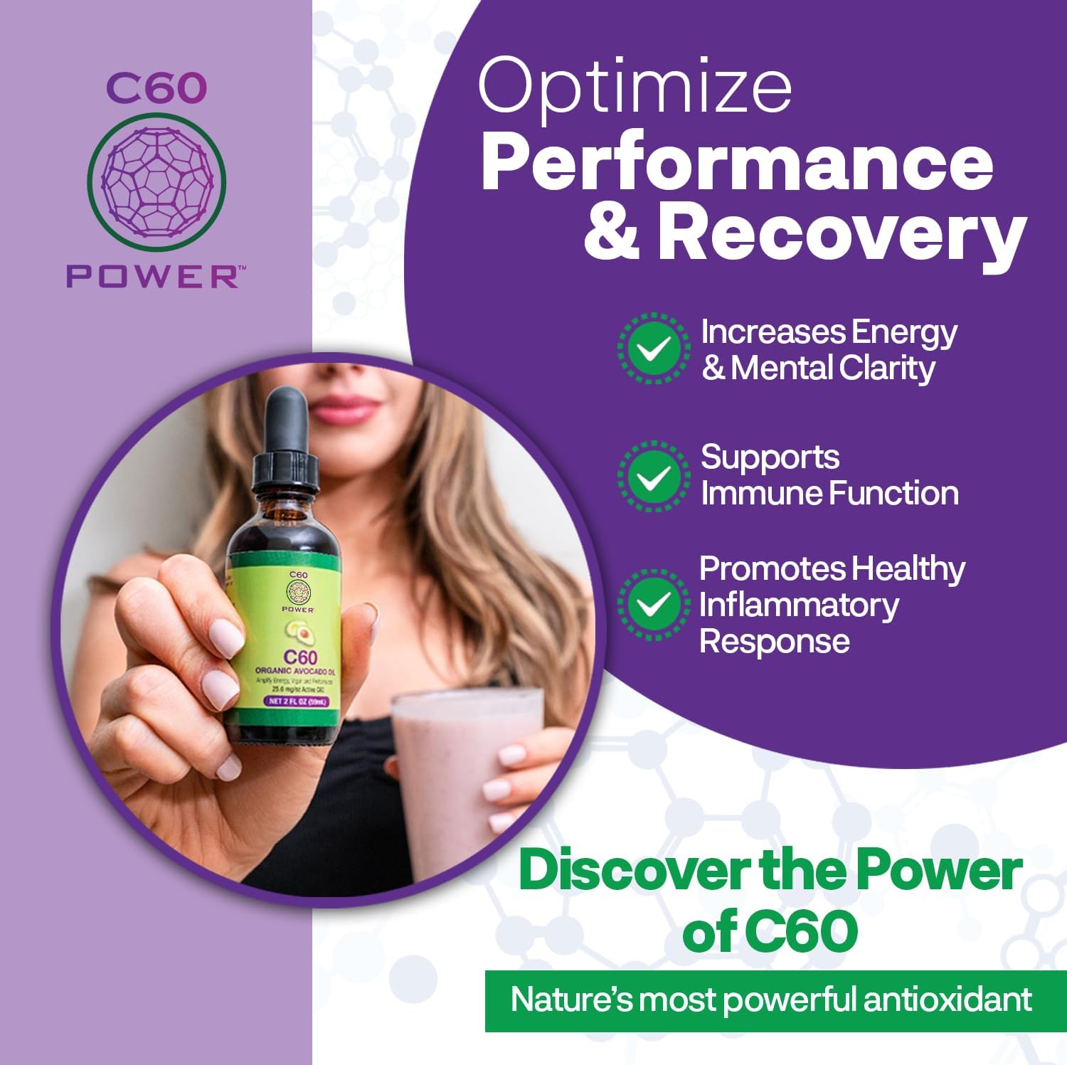 Graphic illustrating energy and mental clarity benefits of C60